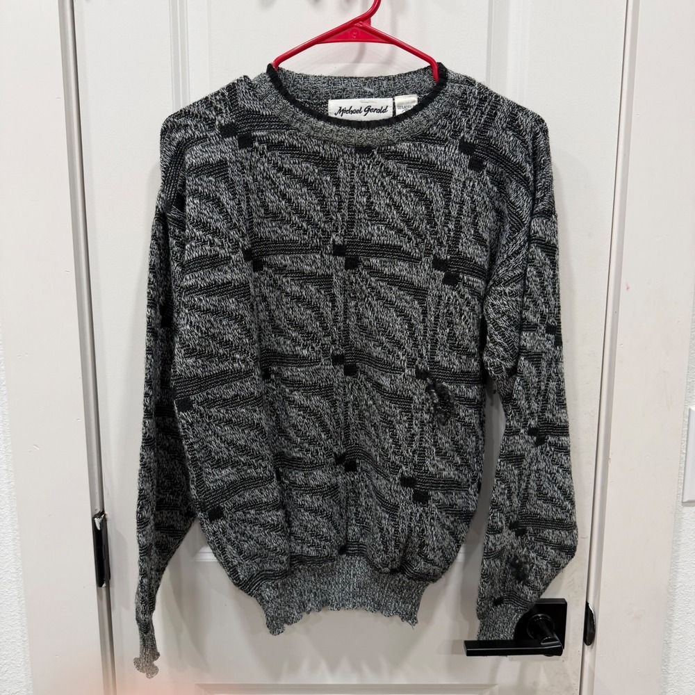 Vintage Michael Gerald Mens XL Abstract Geometric Knit Sweater Black Grey USA